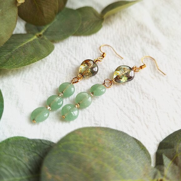 Glass & Aventurine Crystal Earrings, Woodland Fairycore Earrings, Cottagecore - Picture 5 of 7